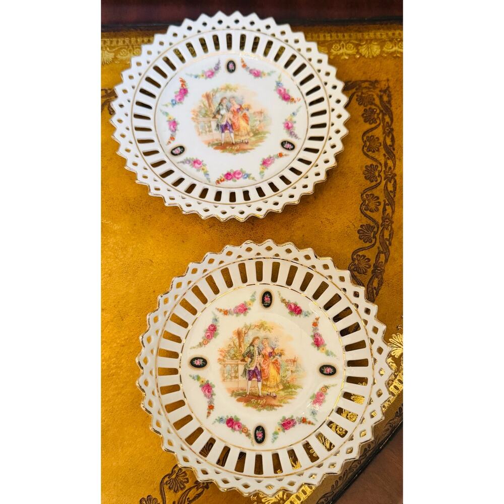 VTG German Romantic Victorian Floral Gold Trim Flower Reticulated Plate & Bowl